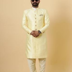 Stunning Light Yellow Banarasi Brocade Achkan for Men | Father-Son Combo | Pastel Sherwani | Grooms & Weddings | Jaipurio